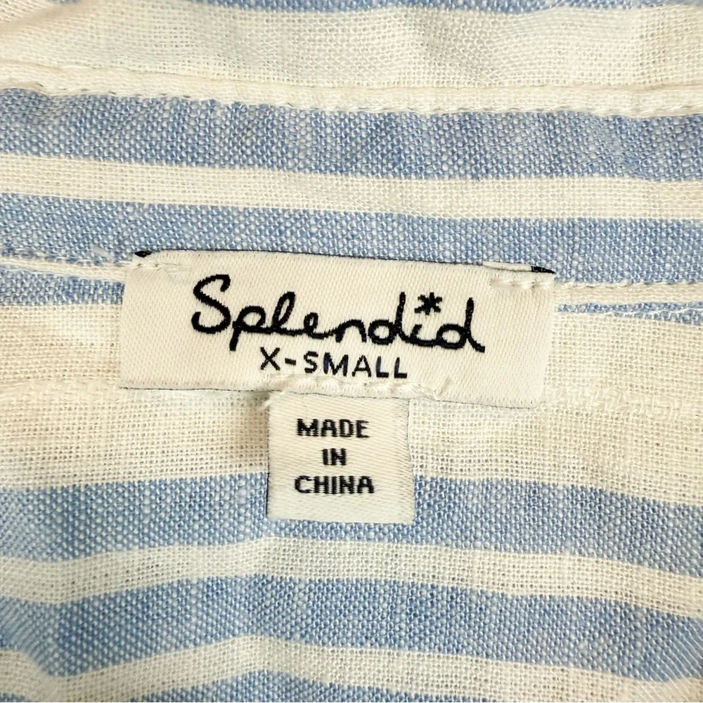 Splendid Allison Popover Top Blue White Striped Linen Blend‎ 3/4 Sleeve Size XS